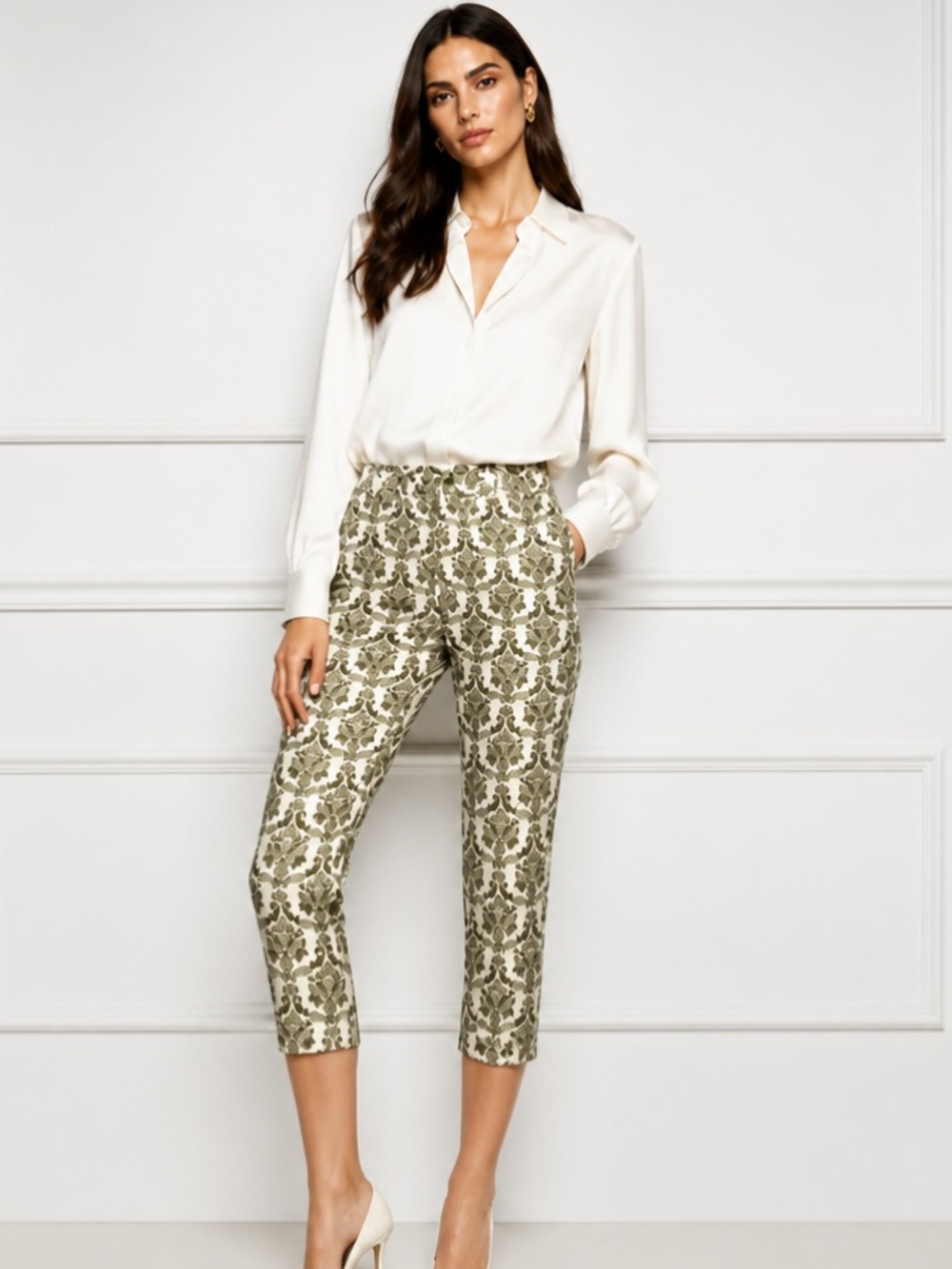 CARTONNIER Charlie Pants Ankle Cropped Skinny Brocade Anthropologie Ivory Black